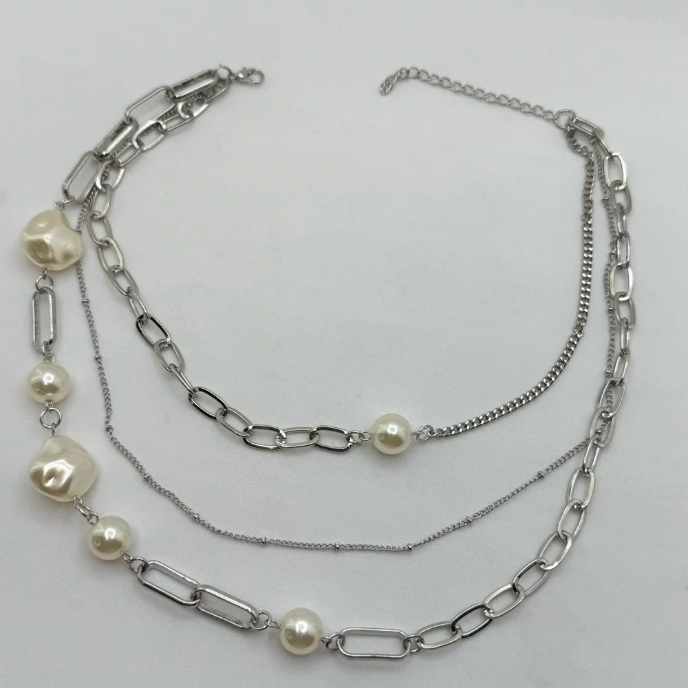 Layered Faux Pearl Chain Necklace Silver Modern Multi Chain Statement Necklace
